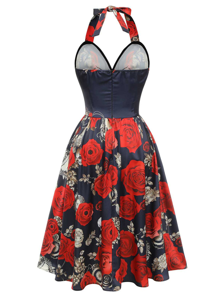 [Prévente] Robe trapèze noire à col licou et squelette rose des années 1950