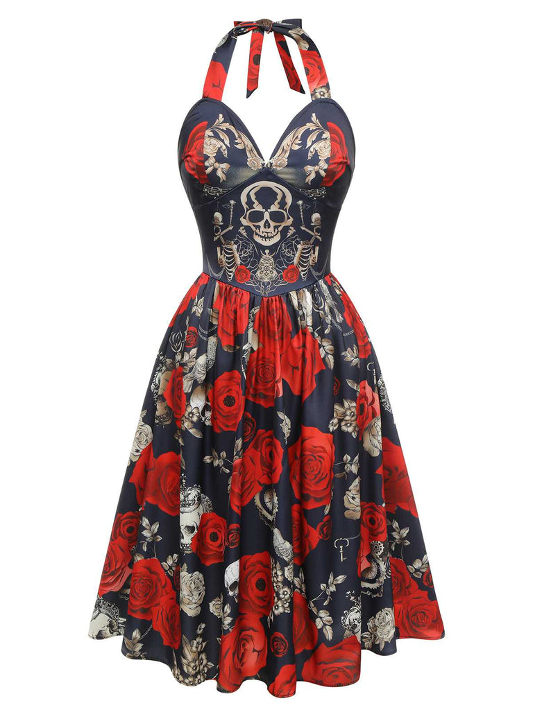 [Prévente] Robe trapèze noire à col licou et squelette rose des années 1950