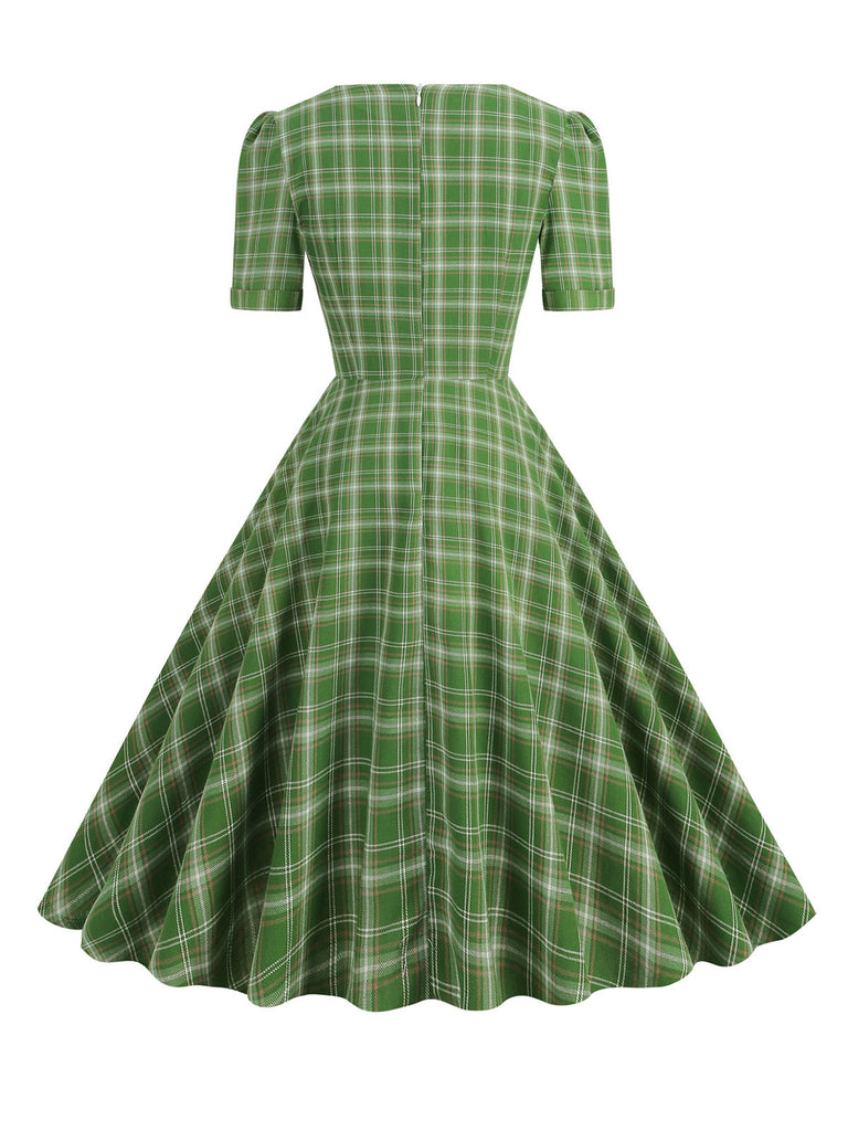 Robe évasée à carreaux vichy des années 1950 à encolure carrée