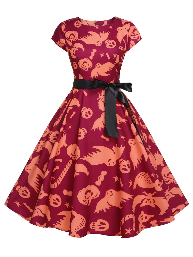 Robe rouge à motif d'Halloween des années 1950 avec ruban