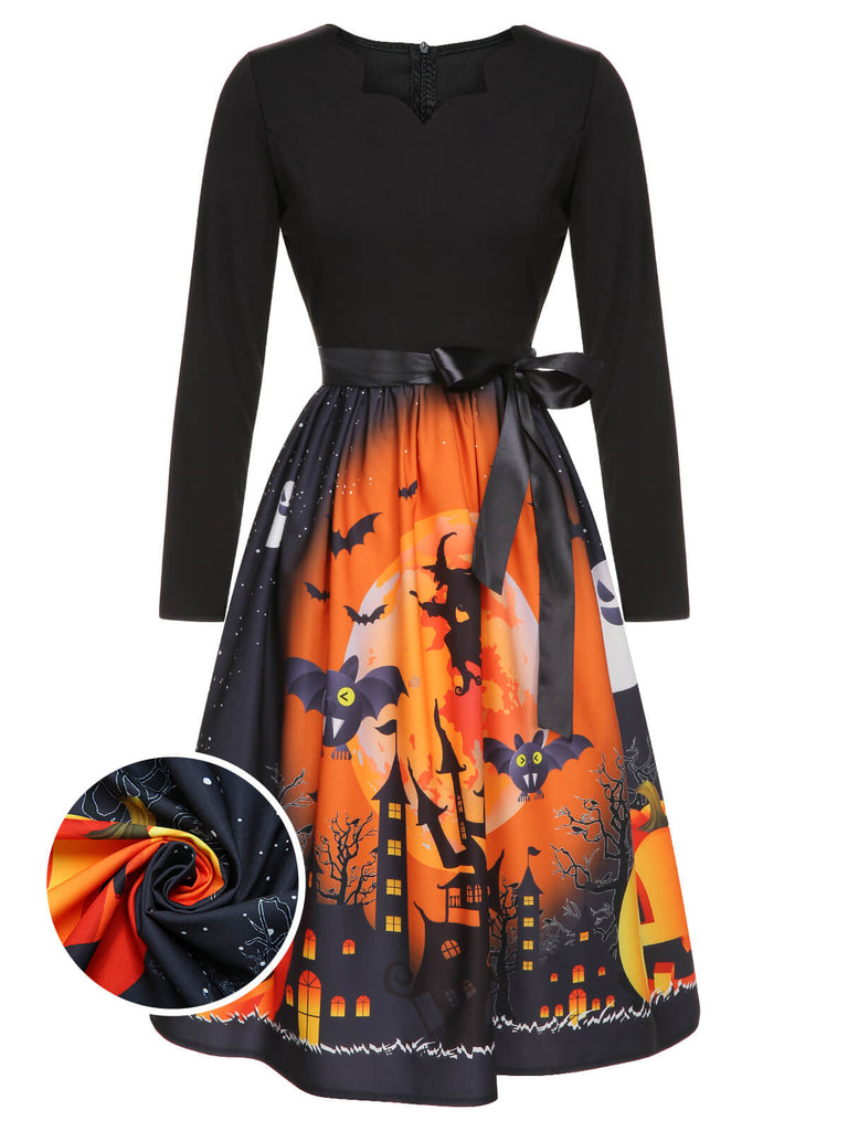 Robe trapèze noire à manches longues d’Halloween des années 1950