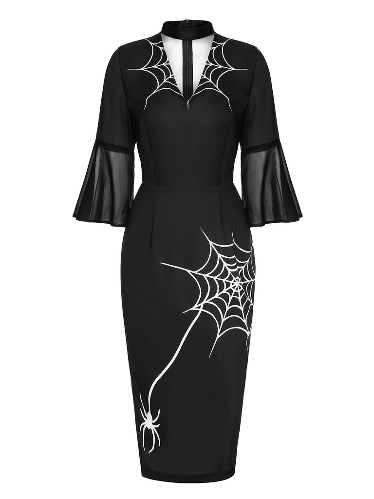 Robe crayon noire en toile d'araignée d'Halloween des années 1960