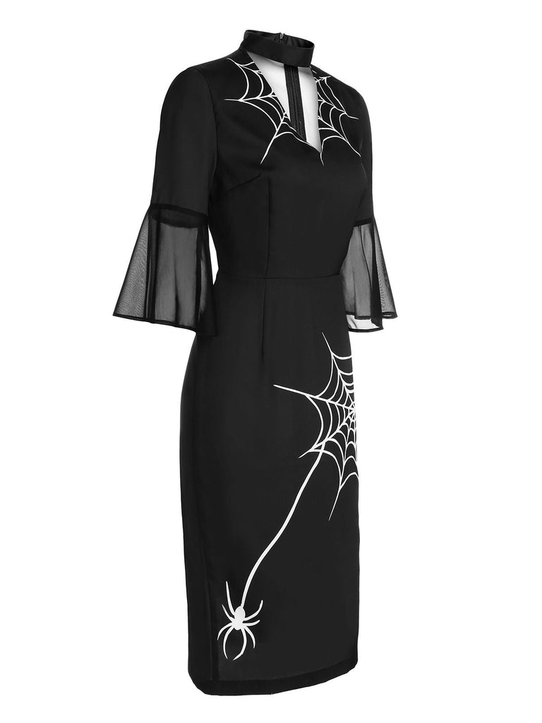 Robe crayon noire en toile d'araignée d'Halloween des années 1960