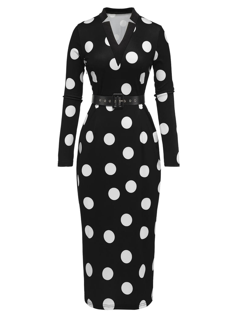 Robe crayon noire à pois et col en V des années 1960