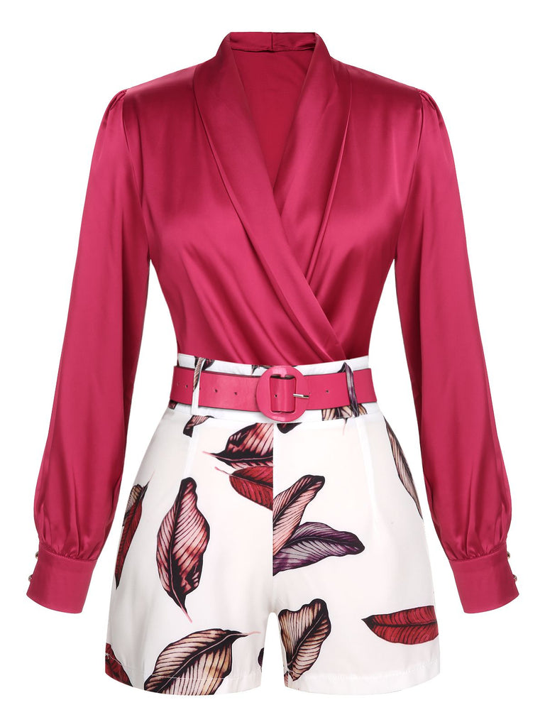 2PCS Chemises à col en V rouges unies et shorts à ceinture végétale