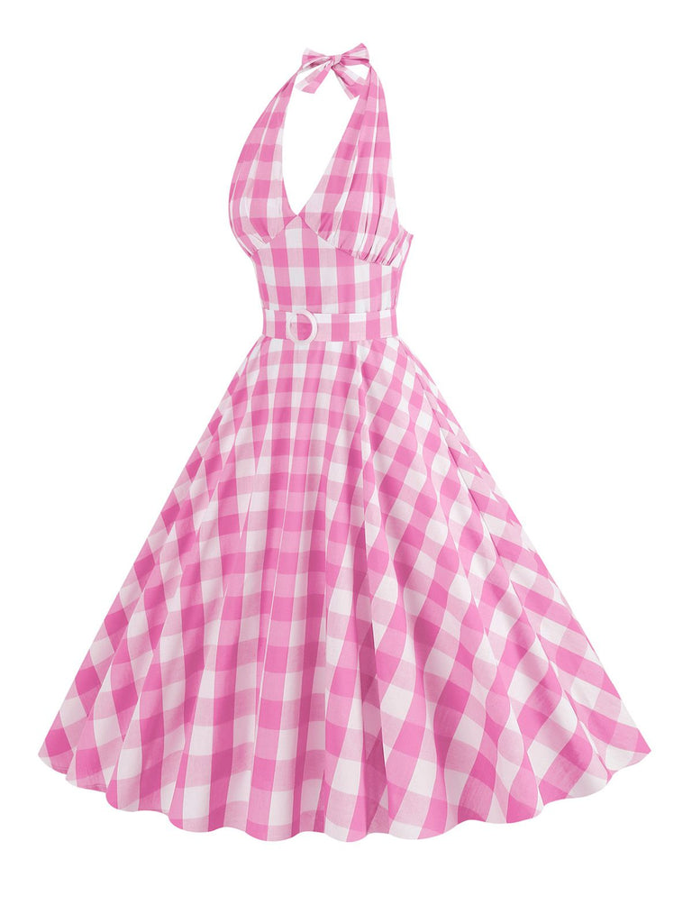 Robe trapèze ceinturée à carreaux des années 1950