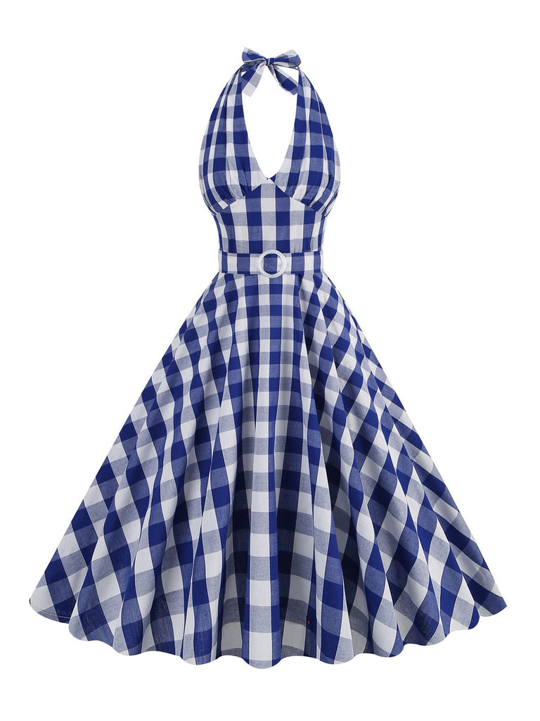 Robe trapèze ceinturée à carreaux des années 1950