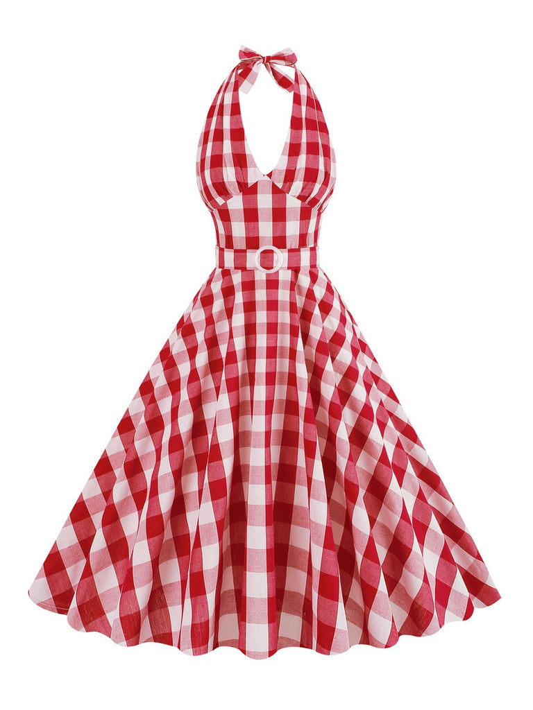 Robe trapèze ceinturée à carreaux des années 1950