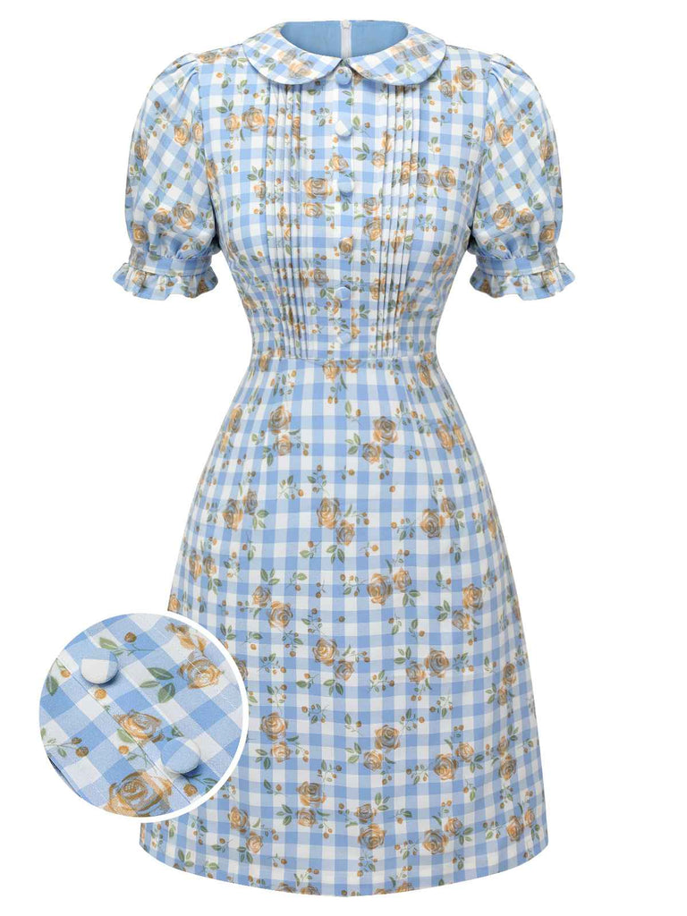 Robe bleue à carreaux floraux à manches bouffantes des années 1960