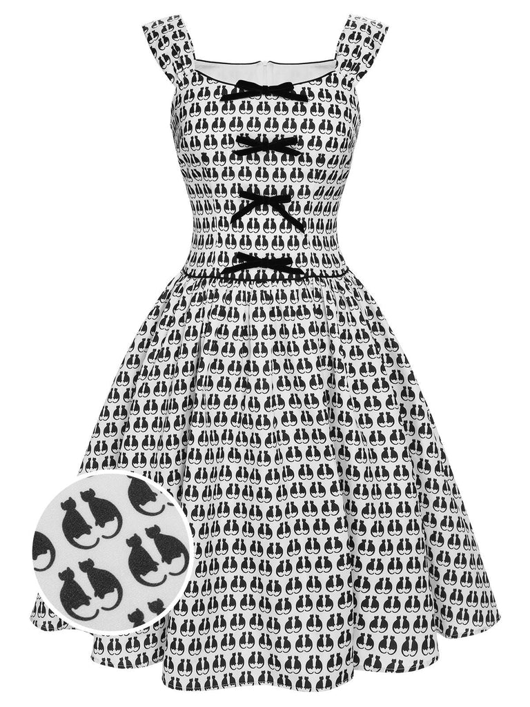 [Prévente] Robe à nœud en velours à imprimé chat d'Halloween des années 1950