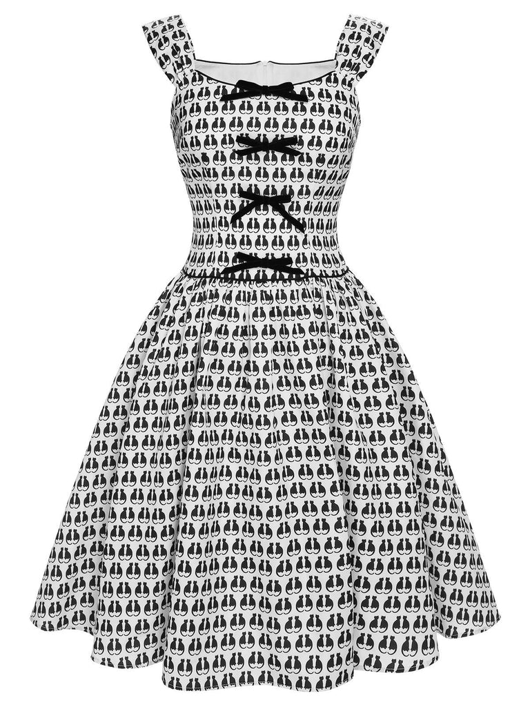 [Prévente] Robe à nœud en velours à imprimé chat d'Halloween des années 1950