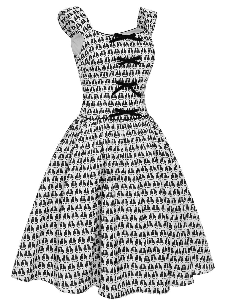 [Prévente] Robe à nœud en velours à imprimé chat d'Halloween des années 1950