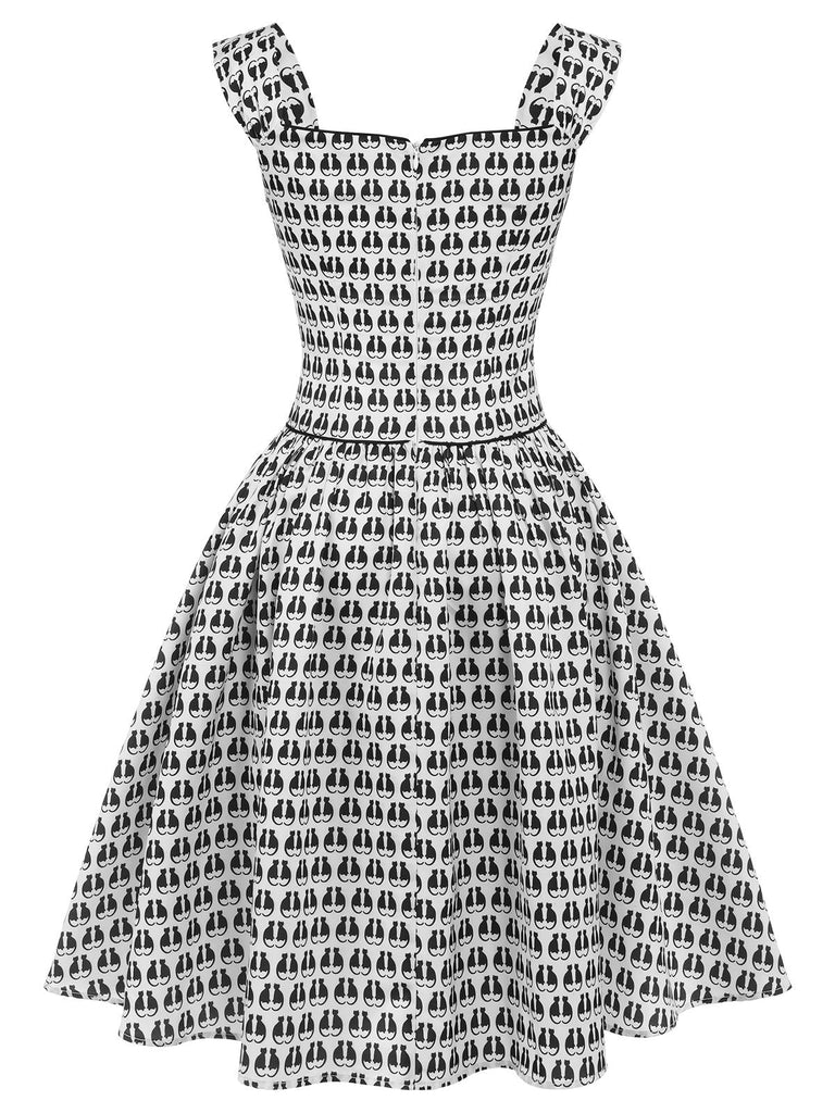 [Prévente] Robe à nœud en velours à imprimé chat d'Halloween des années 1950