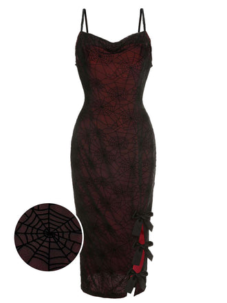 Robe en toile d'araignée d'Halloween rouge foncé des années 1960