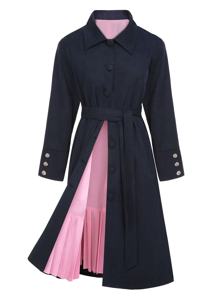 Manteau ceinturé à revers uni bleu foncé des années 1950