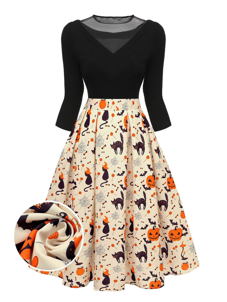 [Prévente] Robe patchwork tricotée chat Halloween des années 1950