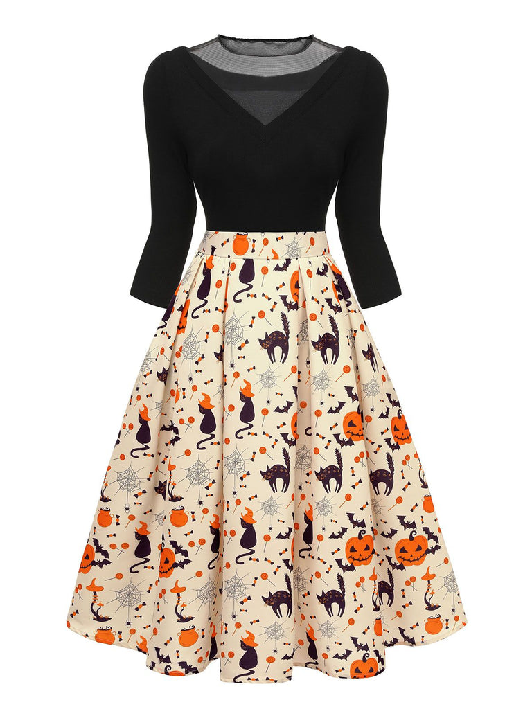 [Prévente] Robe patchwork tricotée chat Halloween des années 1950