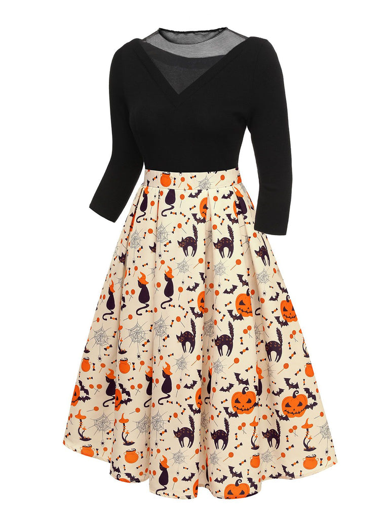 [Prévente] Robe patchwork tricotée chat Halloween des années 1950