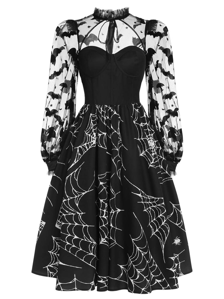 [Prévente] Robe noire à manches en maille chauve-souris d'Halloween des années 1950