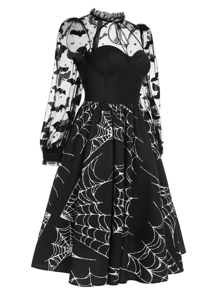 [Prévente] Robe noire à manches en maille chauve-souris d'Halloween des années 1950