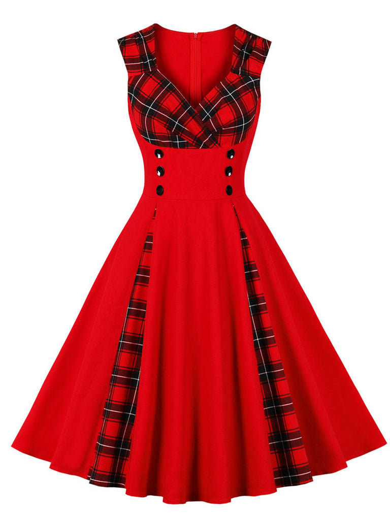 Robe rouge col en V à carreaux des années 1950