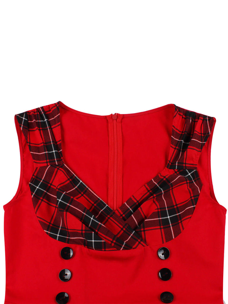 Robe rouge col en V à carreaux des années 1950