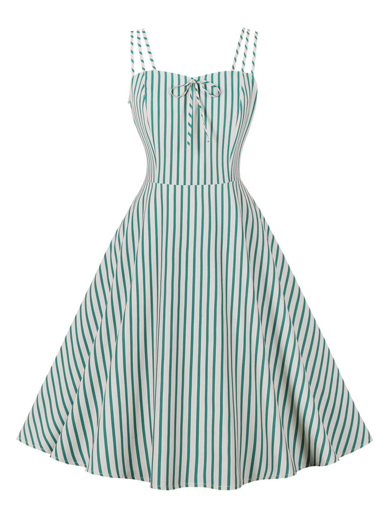 Robe verte et blanche à bretelles à col carré des années 1950