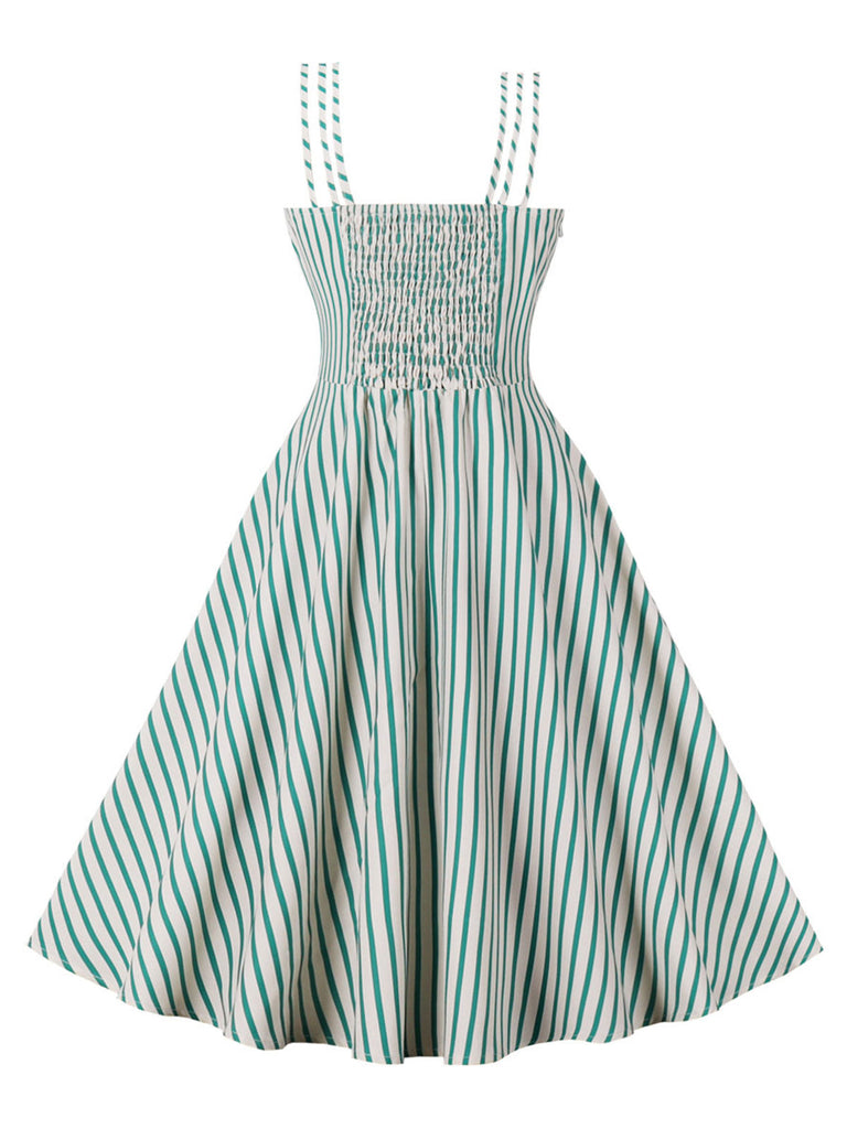 Robe verte et blanche à bretelles à col carré des années 1950