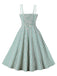 Robe verte et blanche à bretelles à col carré des années 1950