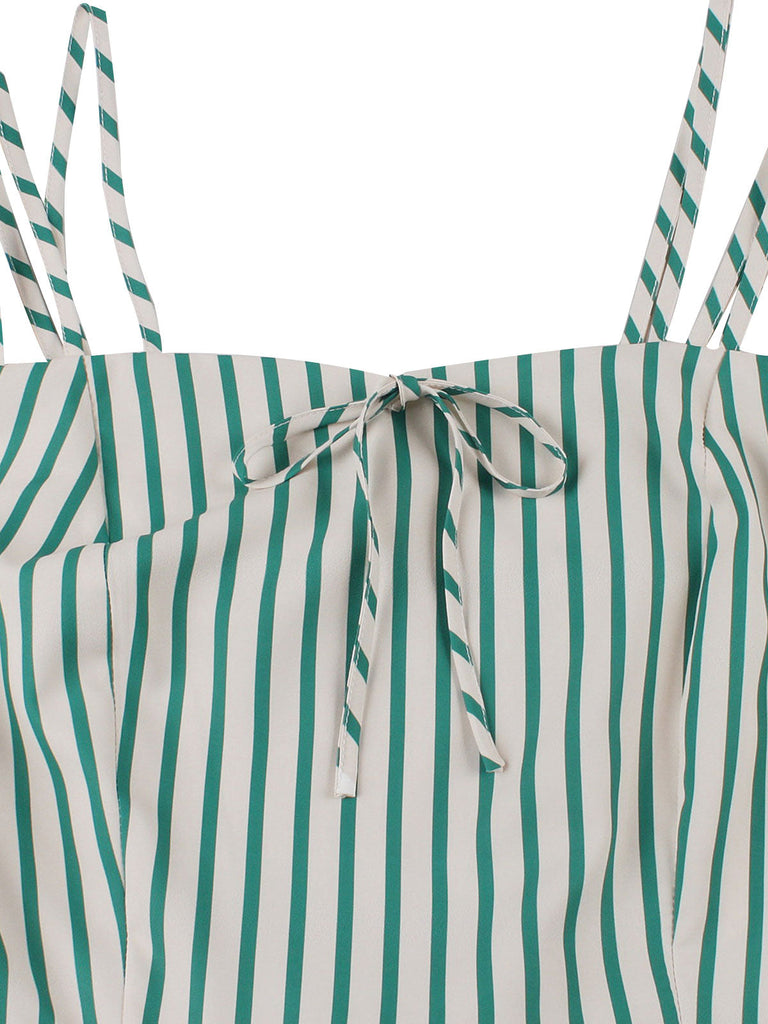 Robe verte et blanche à bretelles à col carré des années 1950
