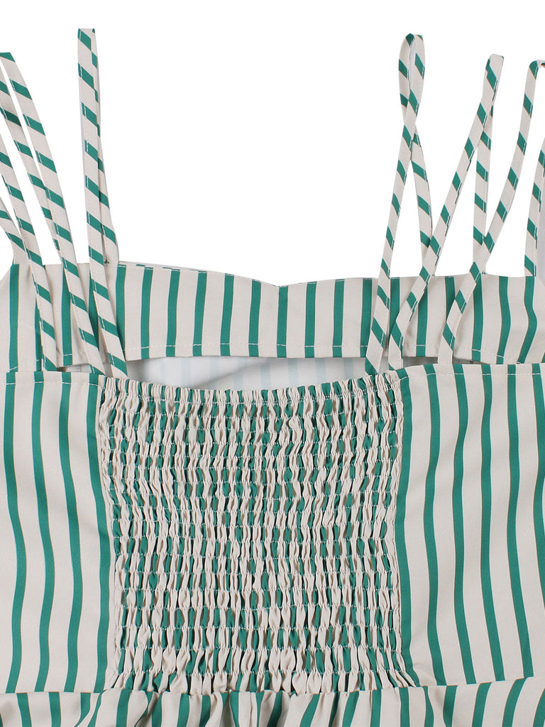 Robe verte et blanche à bretelles à col carré des années 1950