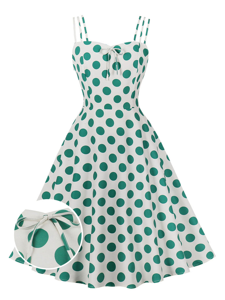 Robe verte et blanche à bretelles à col carré des années 1950
