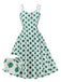 Robe verte et blanche à bretelles à col carré des années 1950