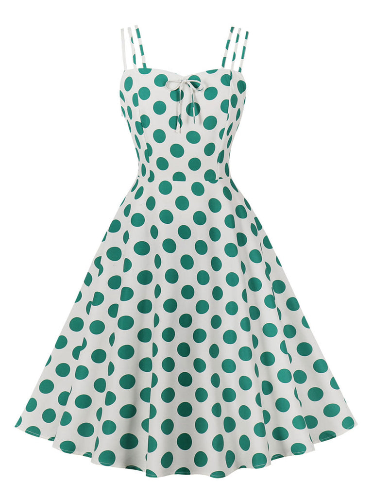 Robe verte et blanche à bretelles à col carré des années 1950