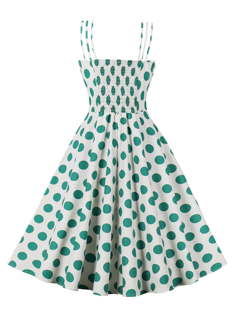 Robe verte et blanche à bretelles à col carré des années 1950