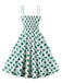 Robe verte et blanche à bretelles à col carré des années 1950