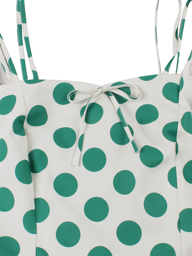 Robe verte et blanche à bretelles à col carré des années 1950