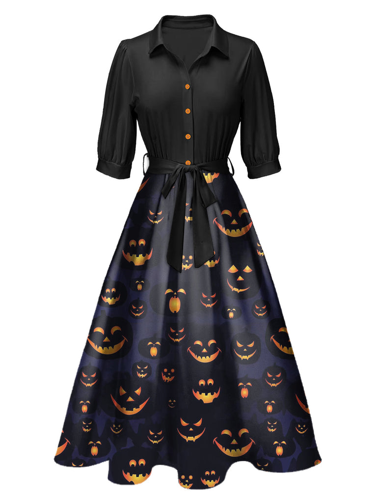 [Prévente] Robe noire ceinturée citrouille à revers d'Halloween des années 1940