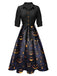 [Prévente] Robe noire ceinturée citrouille à revers d'Halloween des années 1940