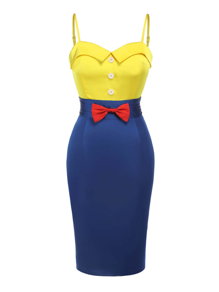 Robe crayon jaune et bleue à bretelles avec nœud des années 1960