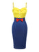 Robe crayon jaune et bleue à bretelles avec nœud des années 1960