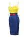 [Prévente] Robe crayon jaune et bleue à bretelles avec nœud des années 1960