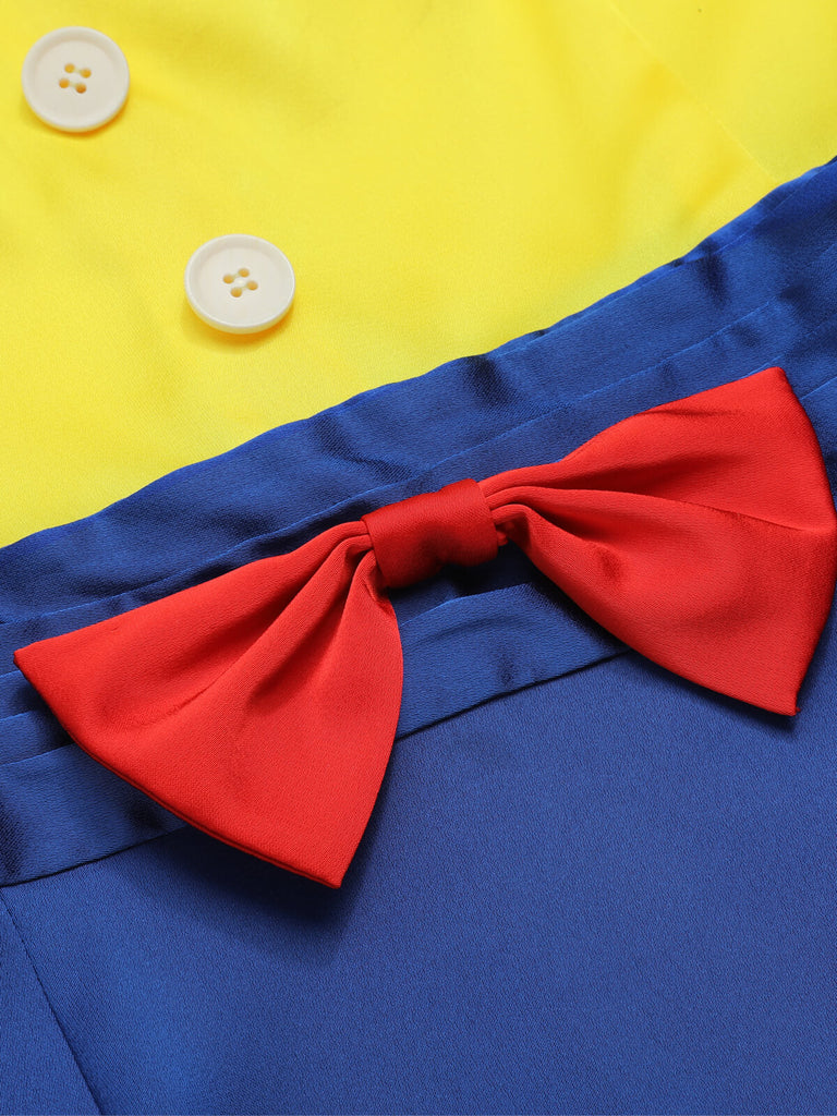 [Prévente] Robe crayon jaune et bleue à bretelles avec nœud des années 1960