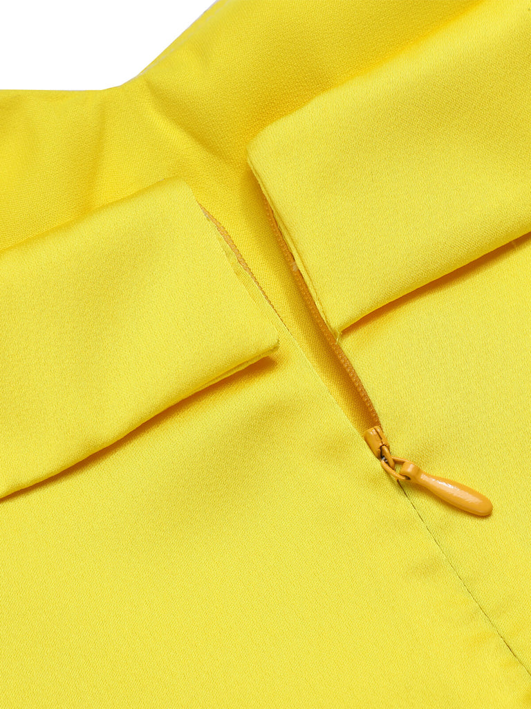 Robe crayon jaune et bleue à bretelles avec nœud des années 1960