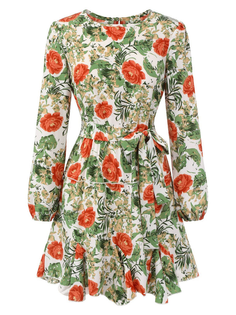 Mini-robe florale pivoine à manches longues des années 1960