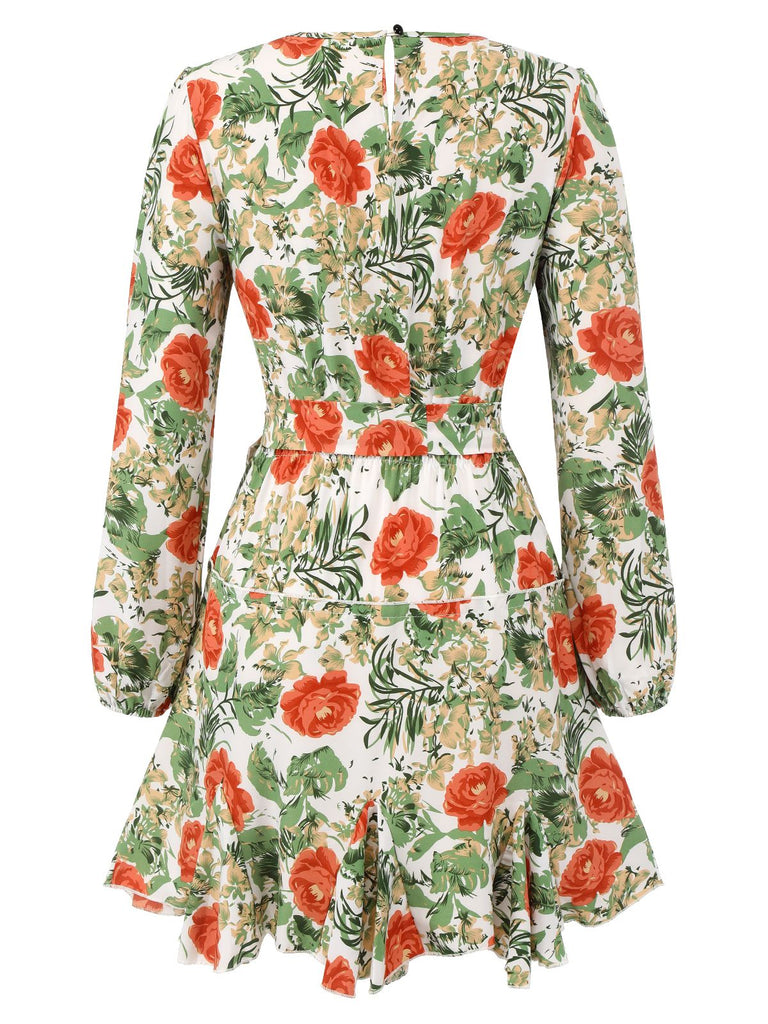 Mini-robe florale pivoine à manches longues des années 1960