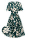 Robe verte à ceinture plissée florale des années 1940