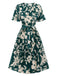 Robe verte à ceinture plissée florale des années 1940