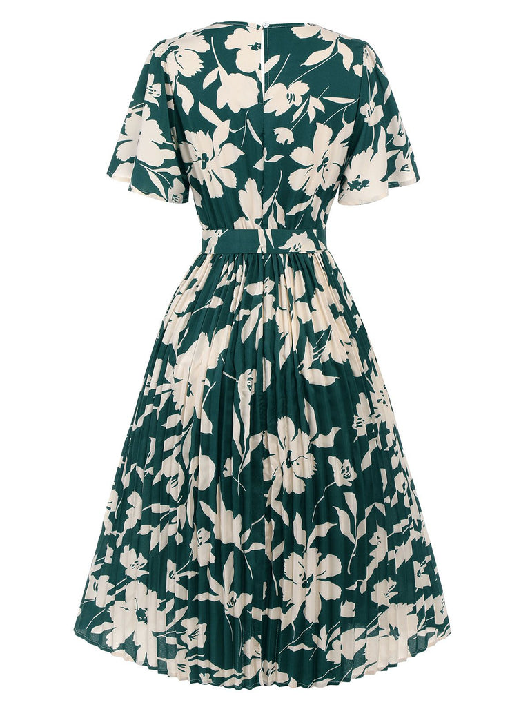 Robe verte à ceinture plissée florale des années 1940