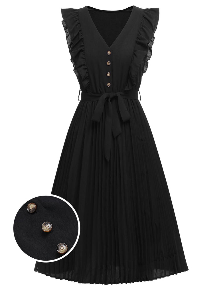 Robe plissée à manches volantes noir solides des années 1940